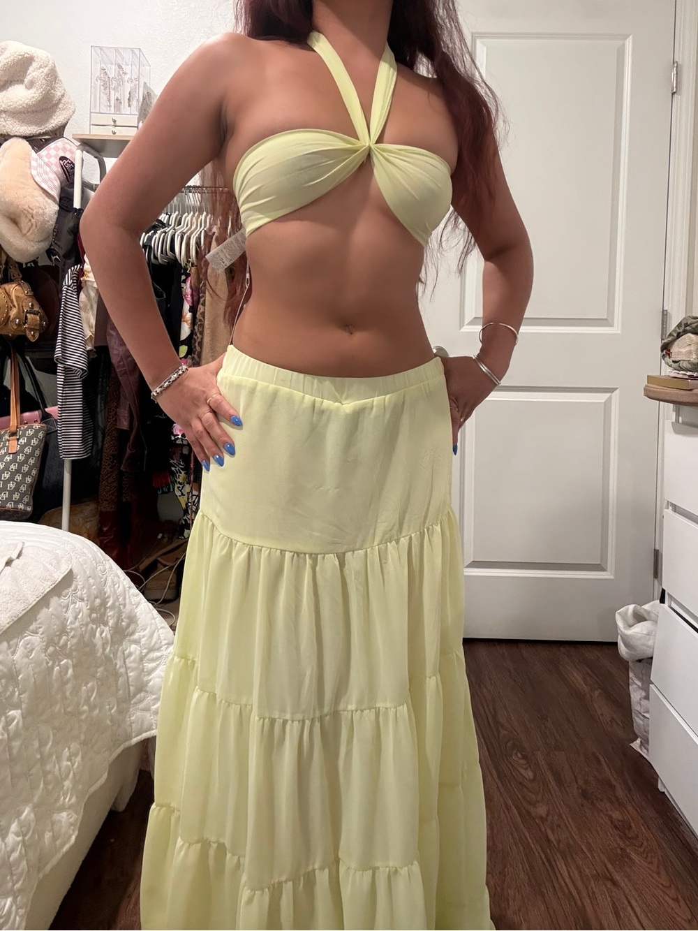 Light Yellow Tiered Maxi Skirt set - Women